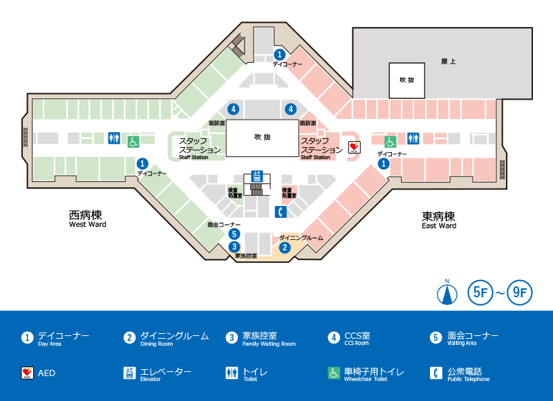 岐阜大学医学部附属病院　5～9階の院内マップ